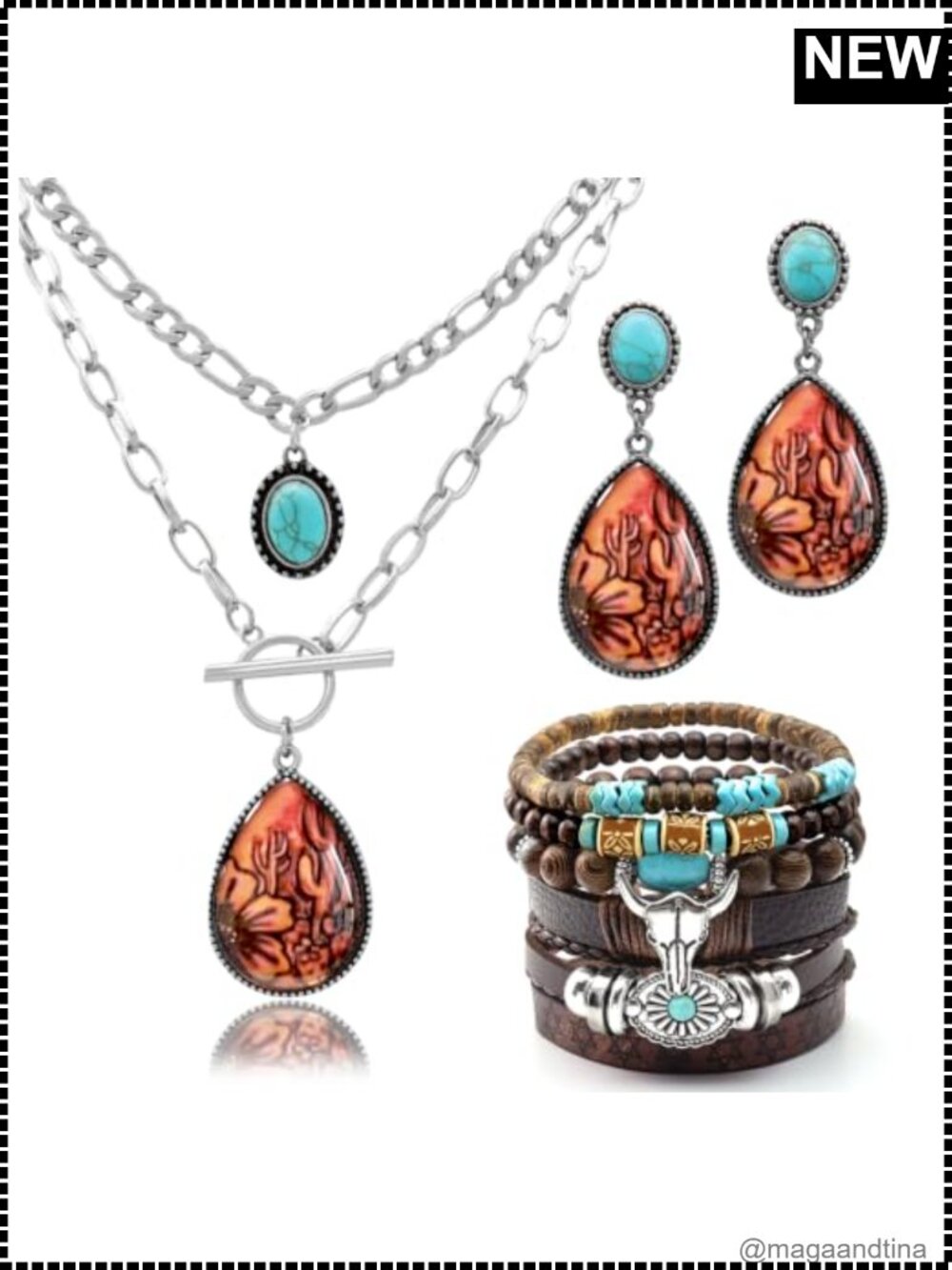 4 Pcs Layered Turquoise Western Jewelry Set Bohemian Cactus Necklace Earrings